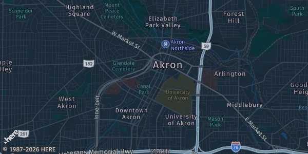 Map of Akron, OH. The exact address of Civic Center is not known, so the map shows the area rather than a specific building.