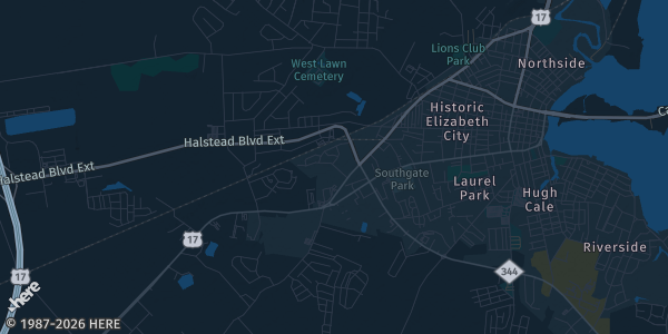 Map of Elizabeth City, NC. The exact address of Northeastern High School is not known, so the map shows the area rather than a specific building.