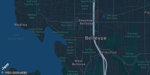 Map of Bellevue, WA. The exact address of Meydenbauer Center is not known, so the map shows the area rather than a specific building.