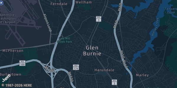 Map of Glen Burnie, MD. The exact address of Marley Station Mall is not known, so the map shows the area rather than a specific building.