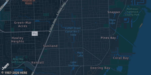 Map of Pinecrest, FL. The exact address of Evelyn Green Park-Leslie Bowe Hall is not known, so the map shows the area rather than a specific building.