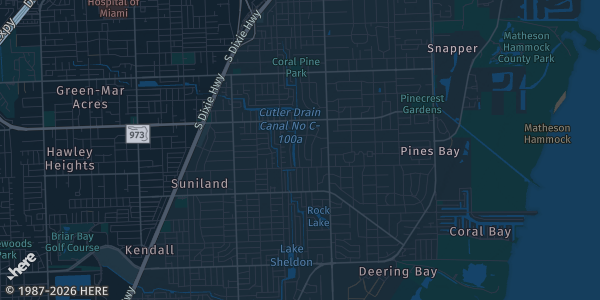 Map of Pinecrest, FL. The exact address of Evelyn Green Park-Leslie Bowe Hall is not known, so the map shows the area rather than a specific building.