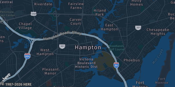 Map of Hampton, VA. The exact address of Hampton Campus of Virginia Peninsula Community College is not known, so the map shows the area rather than a specific building.