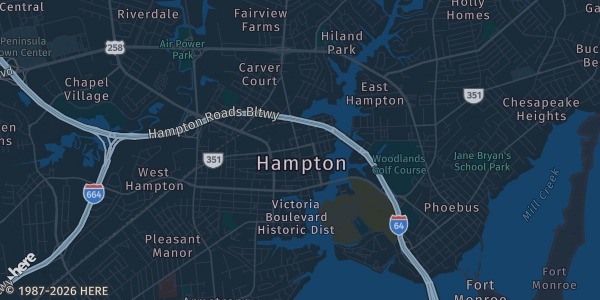 Map of Hampton, VA. The exact address of Hampton Campus of Virginia Peninsula Community College is not known, so the map shows the area rather than a specific building.