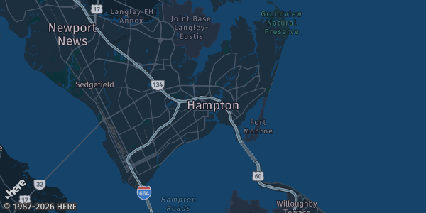 Map of Hampton, VA. The exact address of this venue is not known, so the map shows the area rather than a specific building.