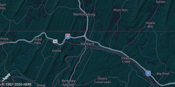 Map of Hancock, MD. The exact address of Hancock American Legion Post 26 is not known, so the map shows the area rather than a specific building.