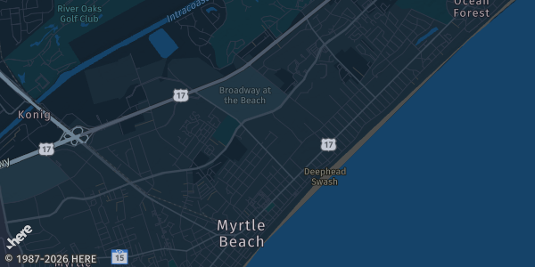 Map of Myrtle Beach, SC. The exact address of "Happy Easter" Coastal-Carolina Con is not known, so the map shows the area rather than a specific building.