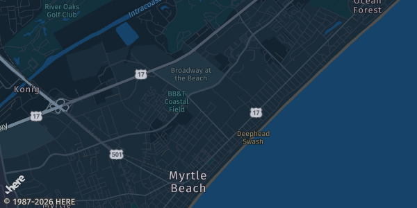 Map of Myrtle Beach, SC. The exact address of "Happy Halloween" Coastal-Carolina Con is not known, so the map shows the area rather than a specific building.