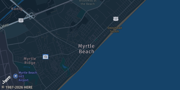 Map of Myrtle Beach, SC. The exact address of Myrtle Beach Sports Center is not known, so the map shows the area rather than a specific building.