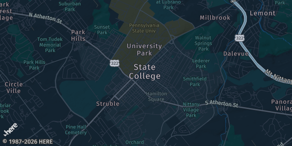 Map of State College, PA. The exact address of Nittany Valley Sports Center is not known, so the map shows the area rather than a specific building.