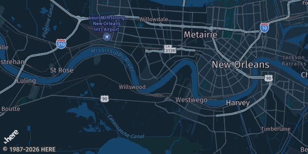Map of Harahan, LA. The exact address of Harahan VFW Post is not known, so the map shows the area rather than a specific building.