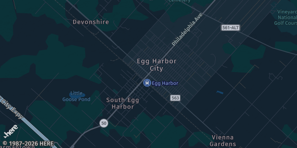 Map of Egg Harbor City, NJ. The exact address of Wildcats Sport Center is not known, so the map shows the area rather than a specific building.