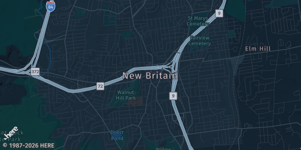 Map of New Britain, CT. The exact address of 41 Veterans Dr. is not known, so the map shows the area rather than a specific building.