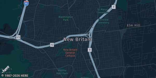 Map of New Britain, CT. The exact address of 41 Veterans Dr. is not known, so the map shows the area rather than a specific building.
