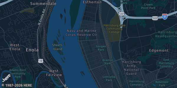 Map of Harrisburg, PA. The exact address of Scottish Rite Entertainment Complex is not known, so the map shows the area rather than a specific building.