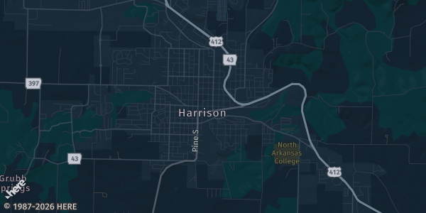 Map of Harrison, AR. The exact address of Signature Bank Community Room is not known, so the map shows the area rather than a specific building.