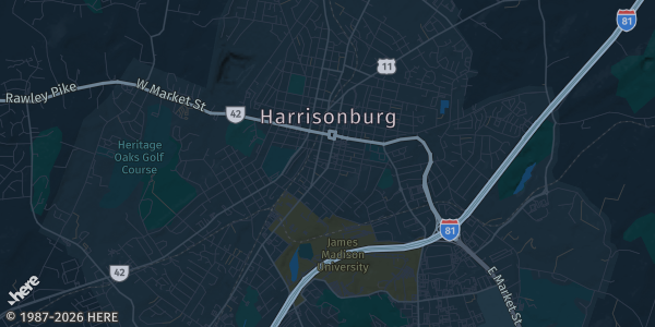Map of Harrisonburg, VA. The exact address of Horizons Edge Sports Campus is not known, so the map shows the area rather than a specific building.