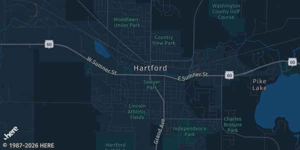 Map of Hartford, WI. The exact address of Hartford Town Hall is not known, so the map shows the area rather than a specific building.