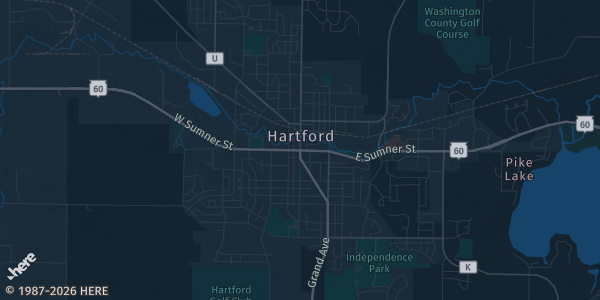Map of Hartford, WI. The exact address of Hartford Town Hall is not known, so the map shows the area rather than a specific building.
