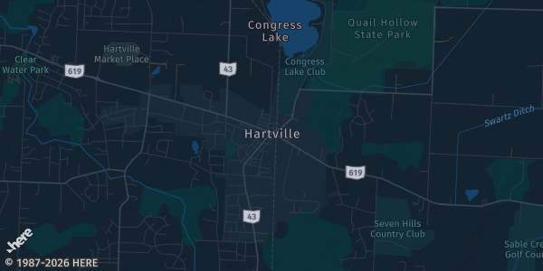 Map of Hartville, OH. The exact address of Hartville MarketPlace & Flea Market is not known, so the map shows the area rather than a specific building.