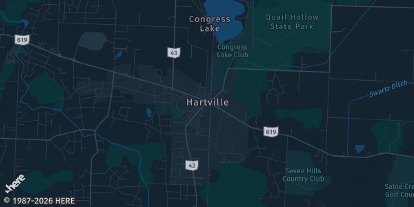 Map of Hartville, OH. The exact address of Hartville MarketPlace & Flea Market is not known, so the map shows the area rather than a specific building.