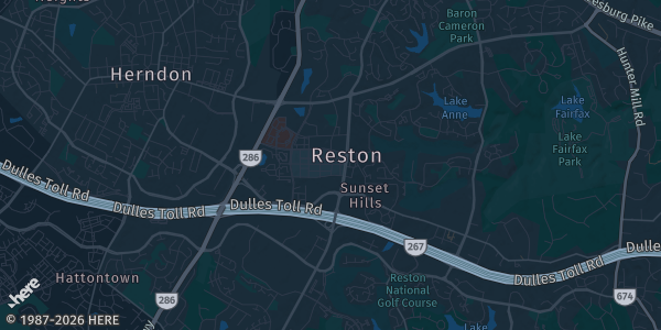Map of Reston, VA. The exact address of Sheraton Reston Hotel is not known, so the map shows the area rather than a specific building.