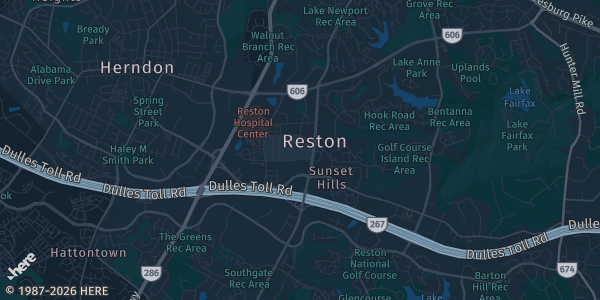 Map of Reston, VA. The exact address of Sheraton Reston Hotel is not known, so the map shows the area rather than a specific building.