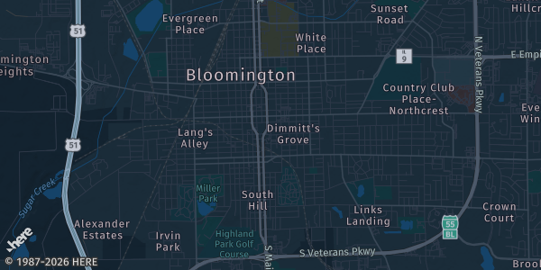 Map of Bloomington, IL. The exact address of Interstate Center is not known, so the map shows the area rather than a specific building.