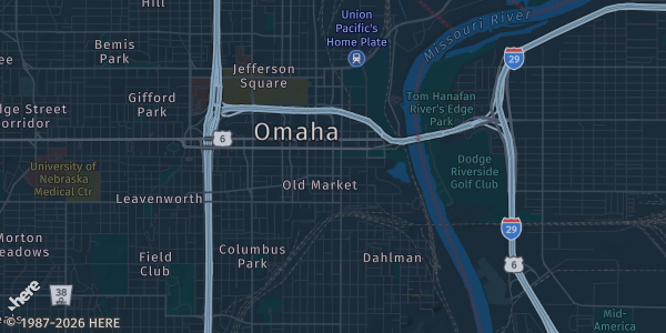 Map of Omaha, NE. The exact address of DoubleTree by Hilton Hotel Omaha Downtown is not known, so the map shows the area rather than a specific building.