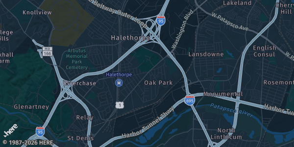 Map of Halethorpe, MD. The exact address of American Legion Dewey Post 109 is not known, so the map shows the area rather than a specific building.