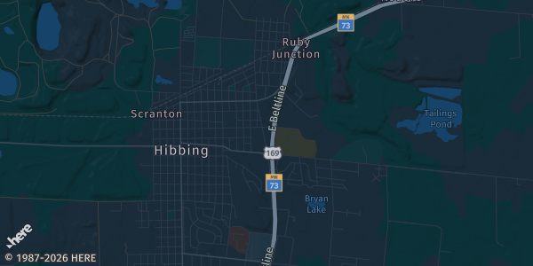 Map of Hibbing, MN. The exact address of Hibbing Armory is not known, so the map shows the area rather than a specific building.