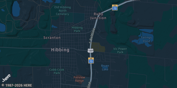 Map of Hibbing, MN. The exact address of Hibbing Armory is not known, so the map shows the area rather than a specific building.