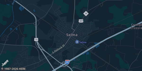 Map of Selma, NC. The exact address of Selma Civic Center is not known, so the map shows the area rather than a specific building.