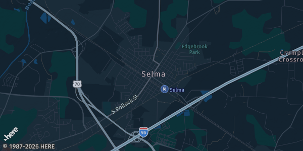 Map of Selma, NC. The exact address of Selma Civic Center is not known, so the map shows the area rather than a specific building.