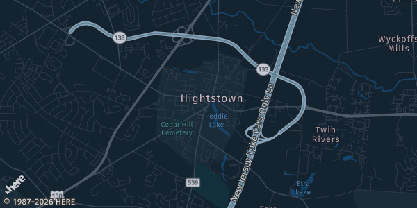Map of Hightstown, NJ. The exact address of Hightstown Engine Co No 1 is not known, so the map shows the area rather than a specific building.