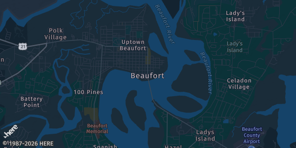 Map of Beaufort, SC. The exact address of Beaufort Academy is not known, so the map shows the area rather than a specific building.