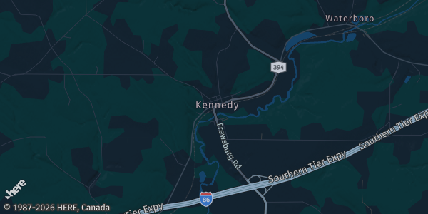 Map of Kennedy, NY. The exact address of HIMES LIVER MILLER VALLEY CONSIGNMENT AUCTION is not known, so the map shows the area rather than a specific building.