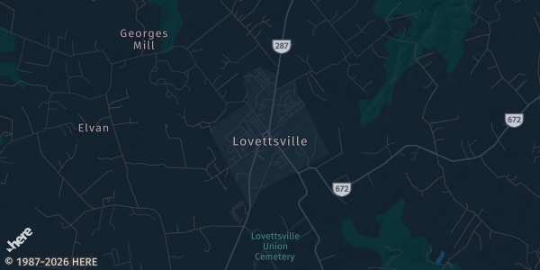 Map of Lovettesville, VA. The exact address of Lovettesville Game Protection Association is not known, so the map shows the area rather than a specific building.