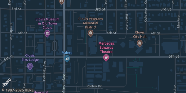 Map showing Clovis Veterans Memorial Center in Clovis, CA.