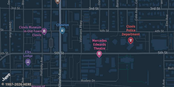 Map showing Clovis Veterans Memorial Center in Clovis, CA.