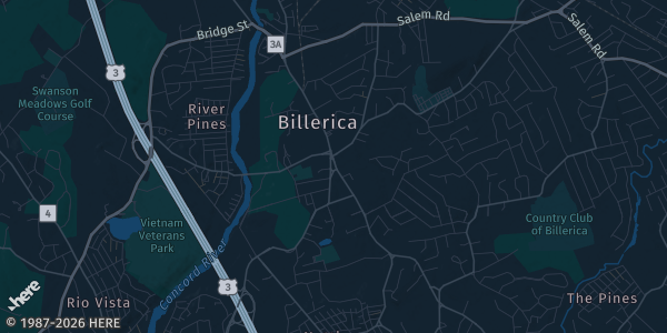 Map of Billerica, MA. The exact address of Billerica Elks Lodge #2071 is not known, so the map shows the area rather than a specific building.