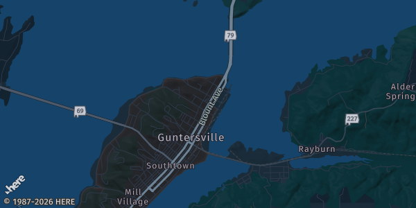 Map of Guntersville, AL. The exact address of Guntersville Parks & Recreation Center is not known, so the map shows the area rather than a specific building.