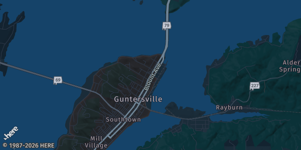 Map of Guntersville, AL. The exact address of Guntersville Parks & Recreation Center is not known, so the map shows the area rather than a specific building.