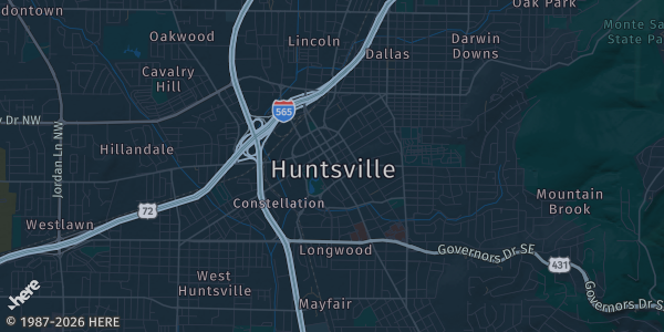 Map of Huntsville, AL. The exact address of Jaycee Building-John Hunt Park is not known, so the map shows the area rather than a specific building.