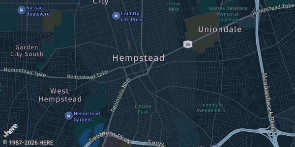 Map of Hempstead, NY. The exact address of Hofstra Student Center is not known, so the map shows the area rather than a specific building.