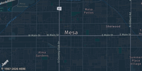 Map of Mesa, AZ. The exact address of Arya Reception Hall is not known, so the map shows the area rather than a specific building.
