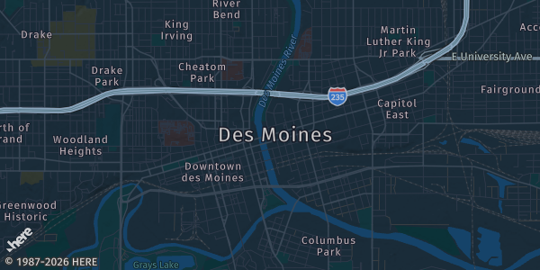 Map of Des Moines, IA. The exact address of Grand View University is not known, so the map shows the area rather than a specific building.