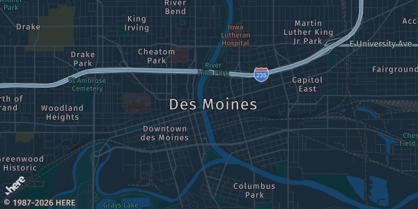 Map of Des Moines, IA. The exact address of Grand View University is not known, so the map shows the area rather than a specific building.