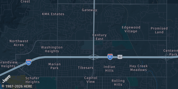 Map of Bismarck, ND. The exact address of Gateway Mall is not known, so the map shows the area rather than a specific building.