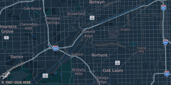 Map of Bedford Park, IL. The exact address of Wintrust Sports Complex is not known, so the map shows the area rather than a specific building.